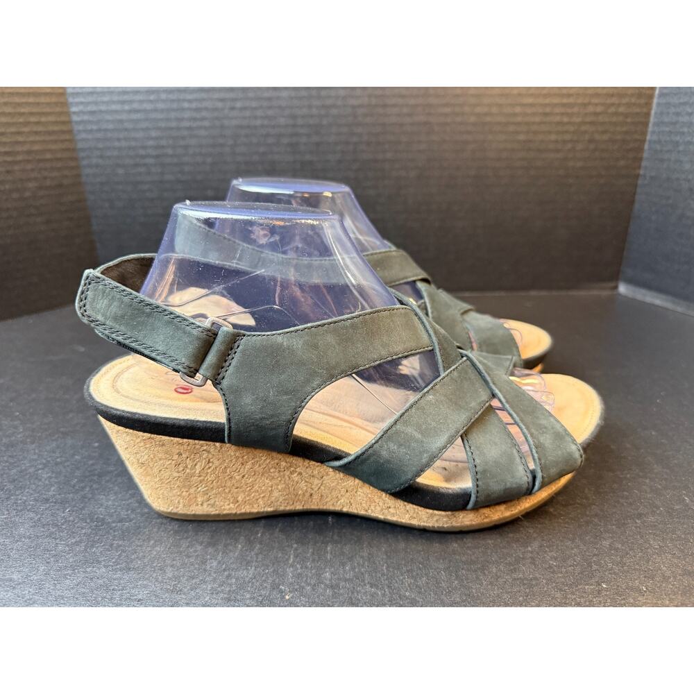 Clarks Unstructured Womens Size 10 M Capri Step Black Nubuck Strap Wedges - Picture 2 of 10
